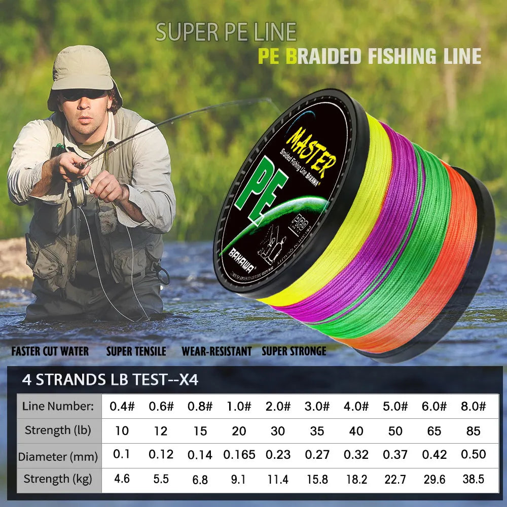 BAKAWA 4 Strands Braided PE Fishing Line 100m/300m